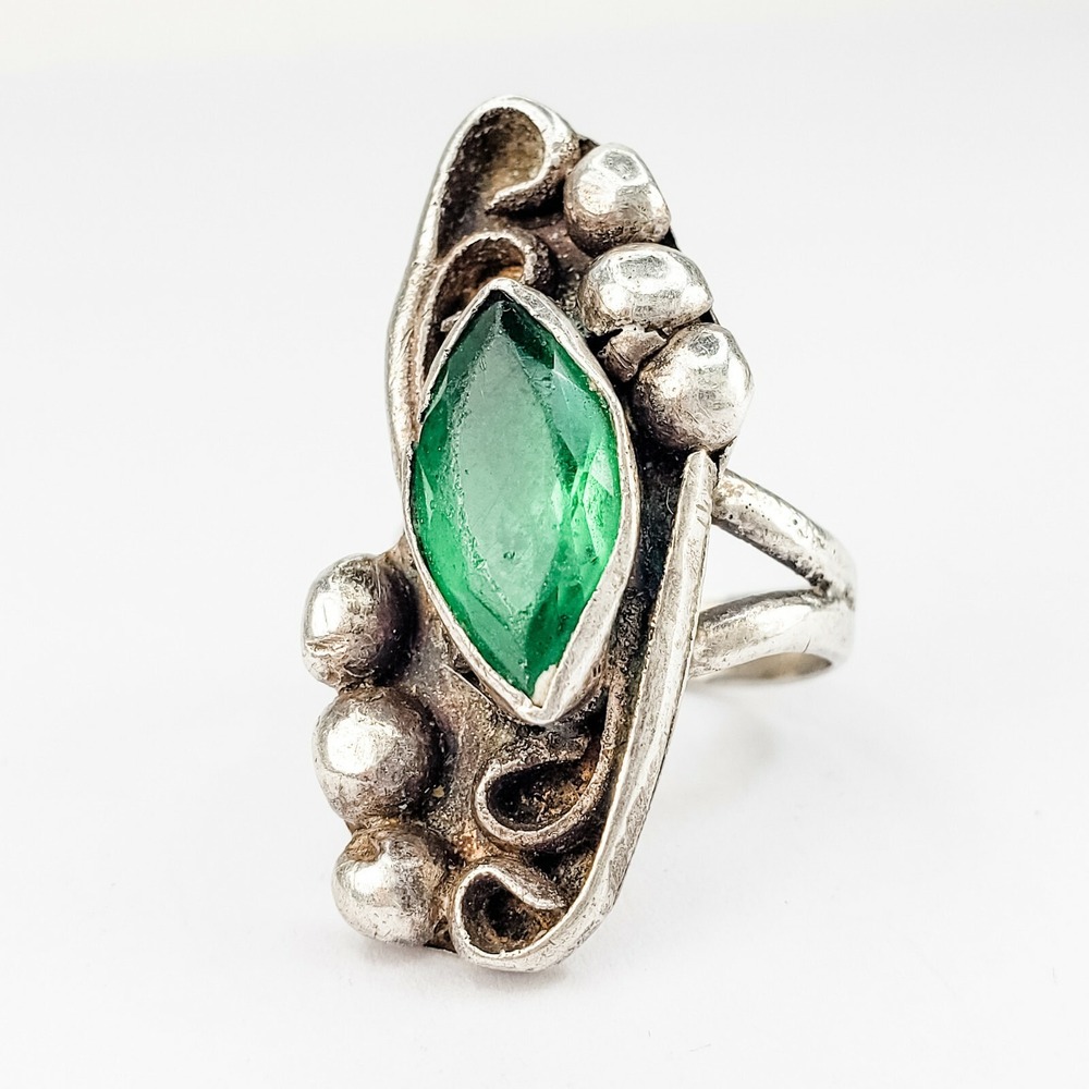 Southwestern Ring Sterling Silver 925 Size 5.5 Green Glass Vintage‎ Faceted Boho
